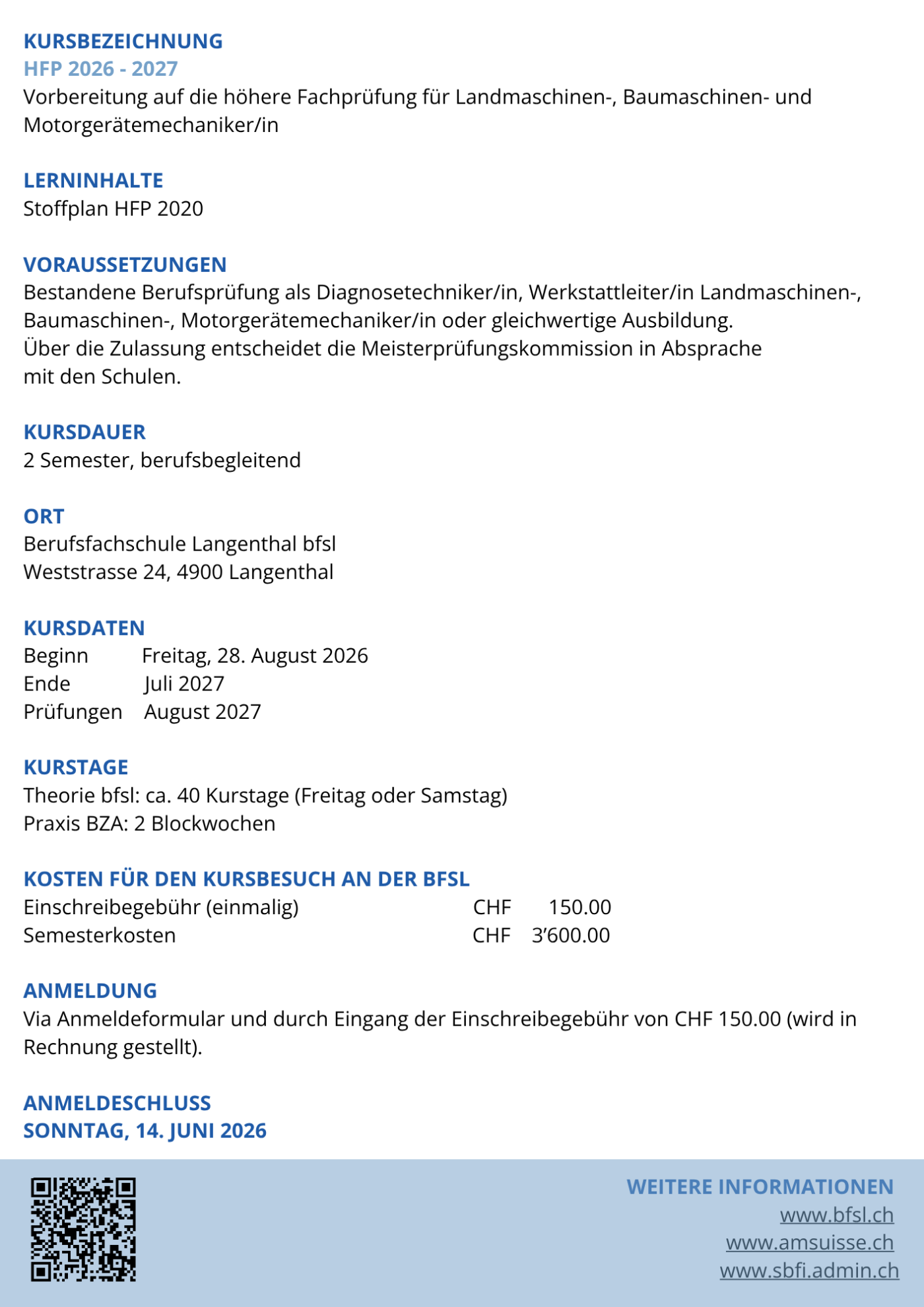 Anmeldung HFP Landmaschinen-, Baumaschinen-, Motorgeräte- Mechaniker 2026-2027