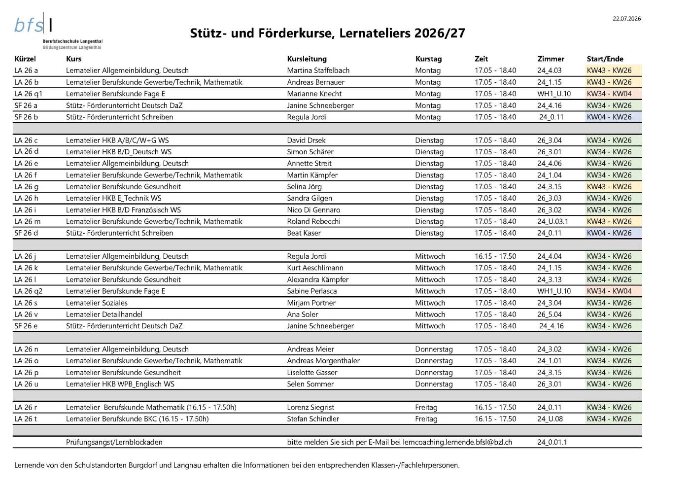 Programm Stütz- und Förderkurse, Lernateliers 2026/27