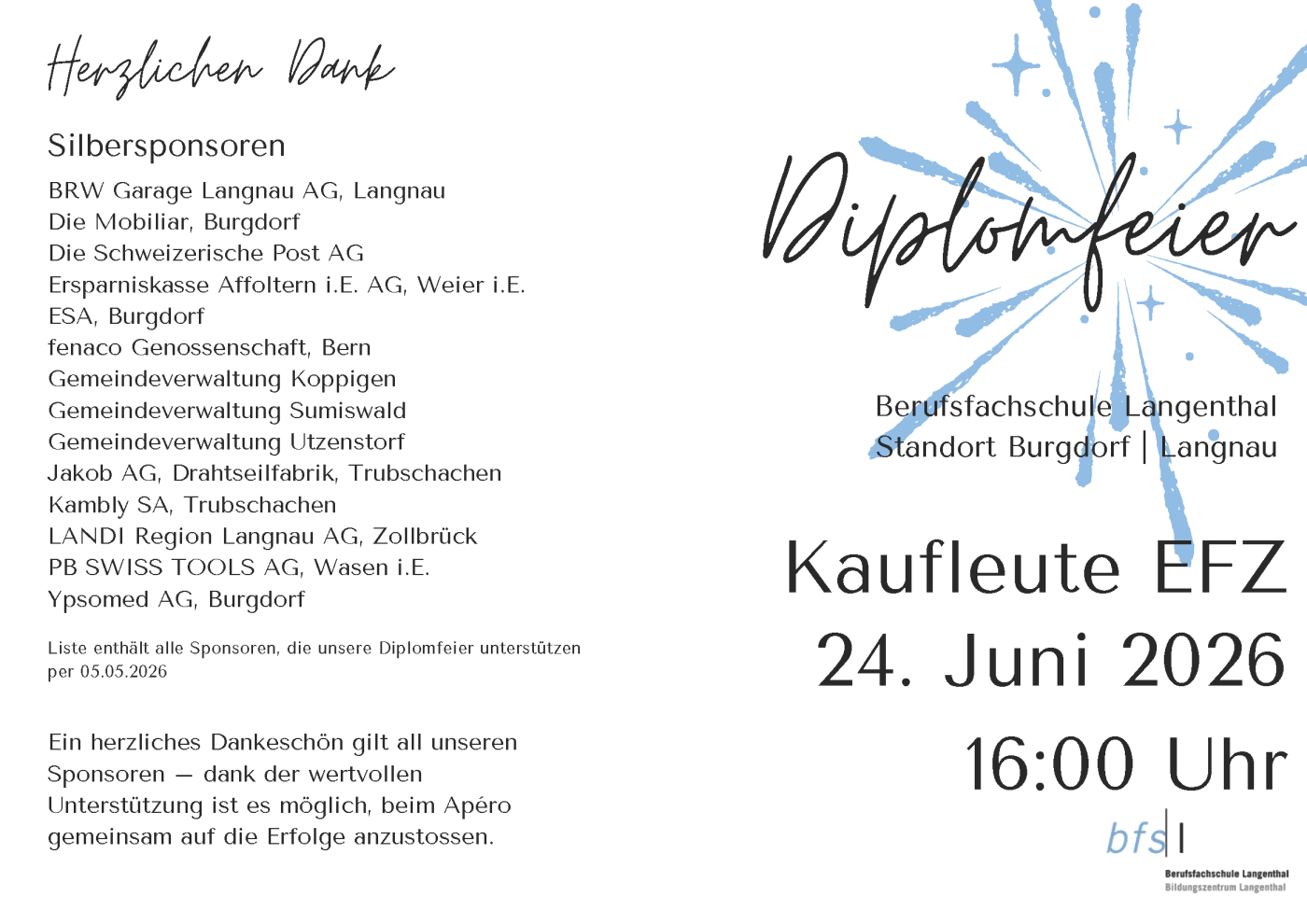 Diplomfeier Kaufleute, Lernende Standort Burgdorf & Langnau