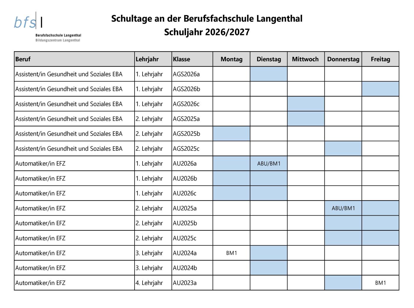 Schultage Schuljahr 2026/2027