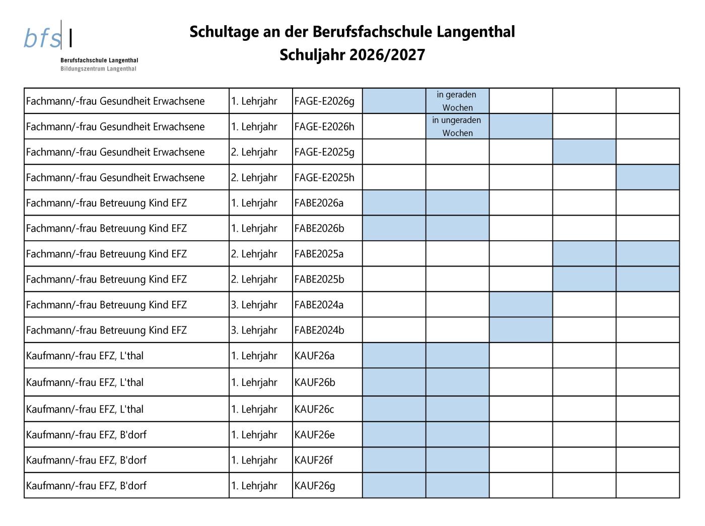Schultage Schuljahr 2026/2027