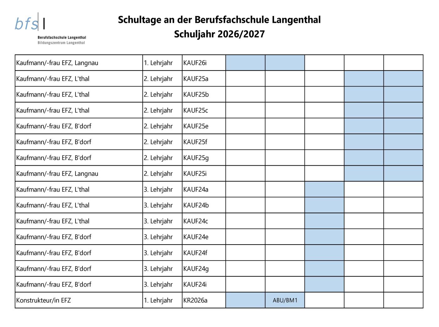 Schultage Schuljahr 2026/2027