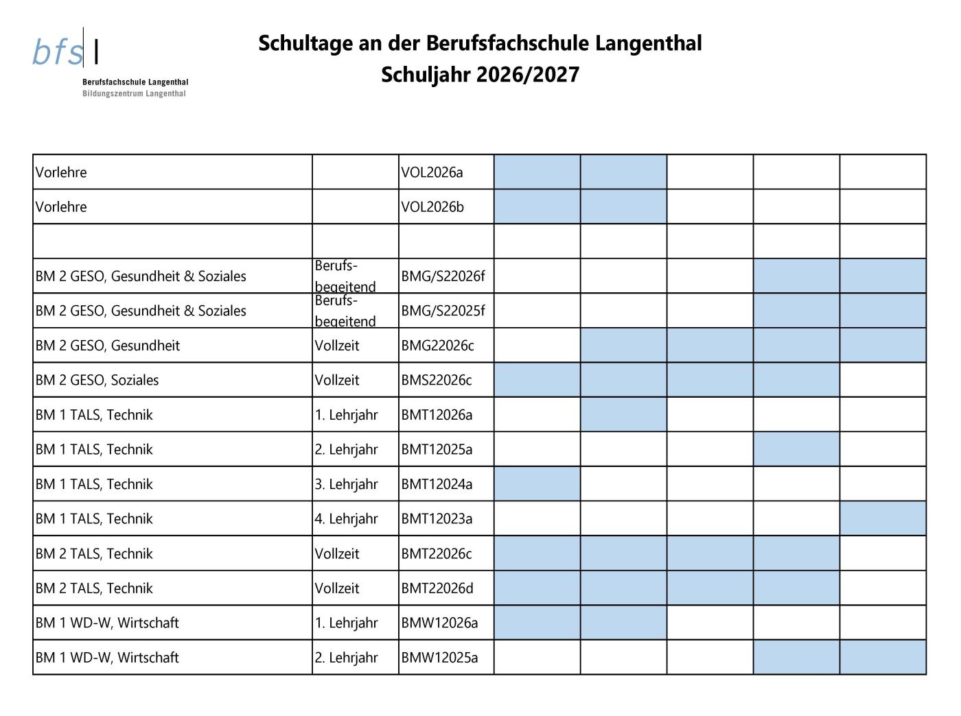 Schultage Schuljahr 2026/2027