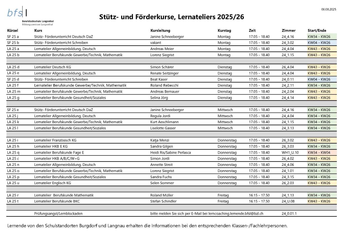 Programm Stütz- und Förderkurse, Lernateliers 2025/26