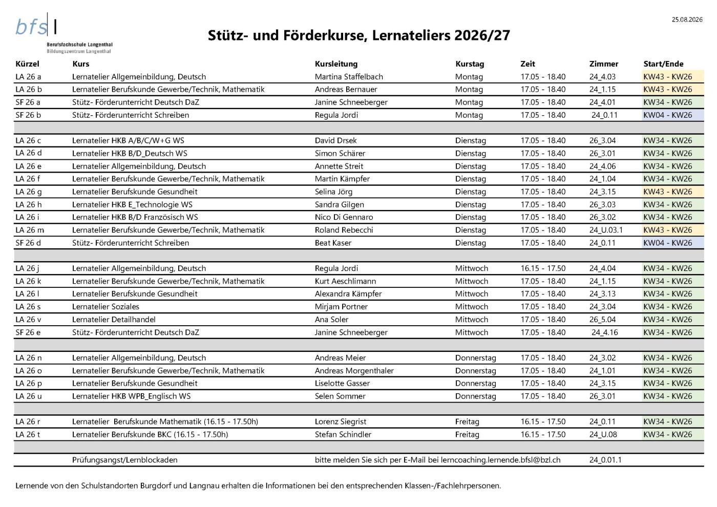 Programm Stütz- und Förderkurse, Lernateliers 2026/27