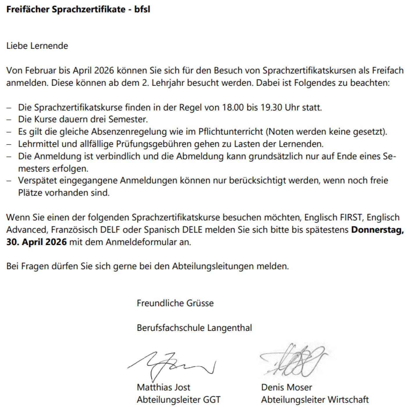 Freifächer Sprachzertifikate - bfsl